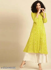 Light yellow printed designer cotton kurti for women, Haldi-Mehandi dress for summer ethnic wear